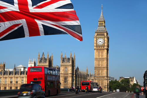 UK flag on the top left, big ben and red bus