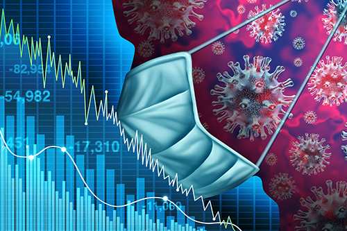 silouhette of an infected coronavirus patient with face mask imposed over stock market charts