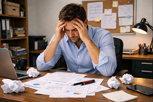 A man looks down on his desk with a distressed look on his face.