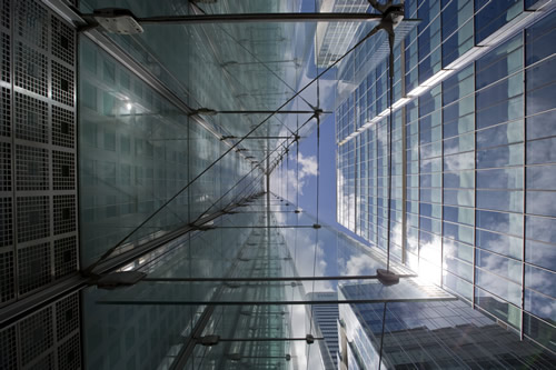 View looking up at a financial district building