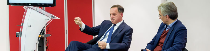 Richard Sharp uses a visual representation of the Bank of England's Financial Policy Committee to describeits structure to the audience.