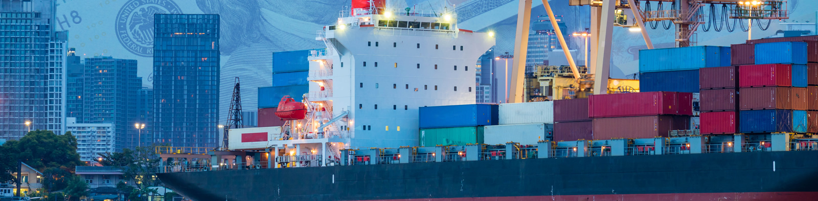 A cargo ship and a graphic of dollar bills