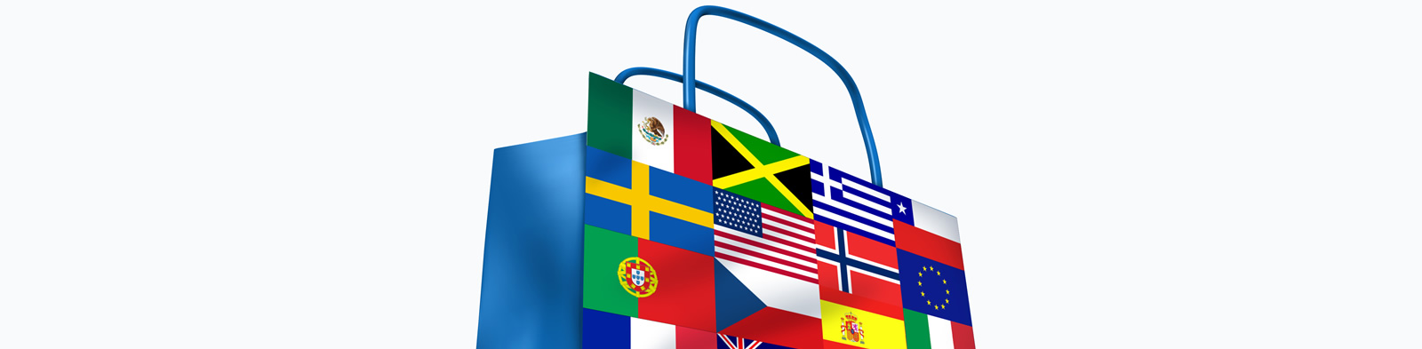 Shopping bag adorned with flags from around the world