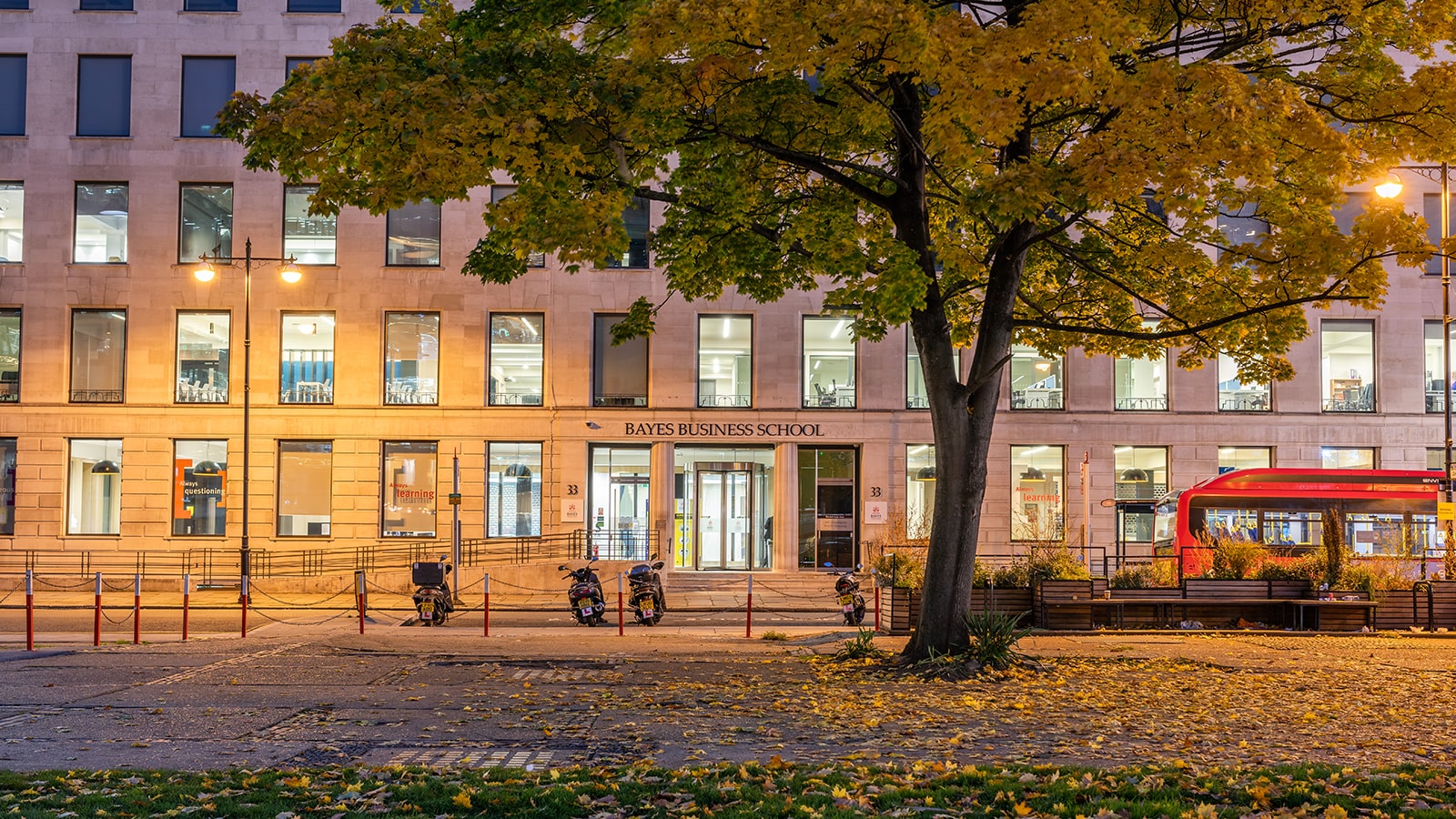 Exterior view of Bayes Finsbury Square Building in the evening.