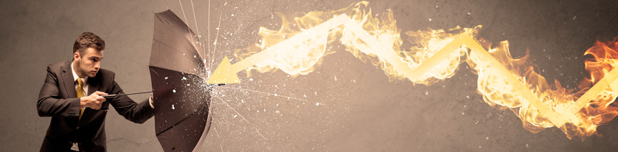 Young man in suit holds up umbrella to combat flaming arrow. managing corporate firestorms