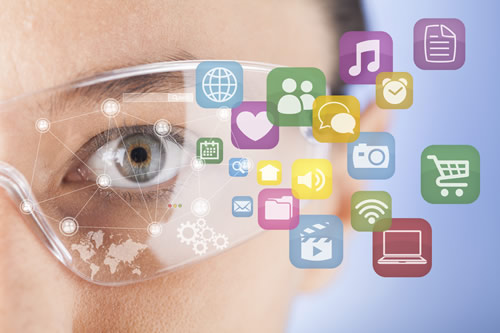 Close up of human eye and digital icons