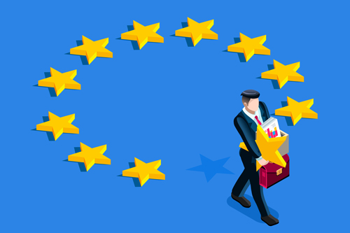 Brexit concept. A british gentleman take a star out from euro flag
