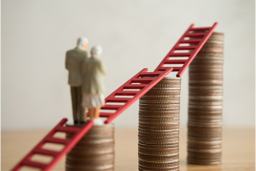 Sketch of an older man and woman walking up a ladder over coins