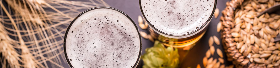 Beer glasses on a table with crops