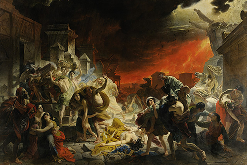 An oil painting depicts people cowering in terror under what appears to be fiery skies