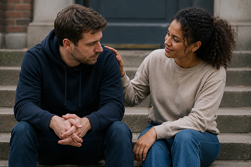 Woman comforting man on a step