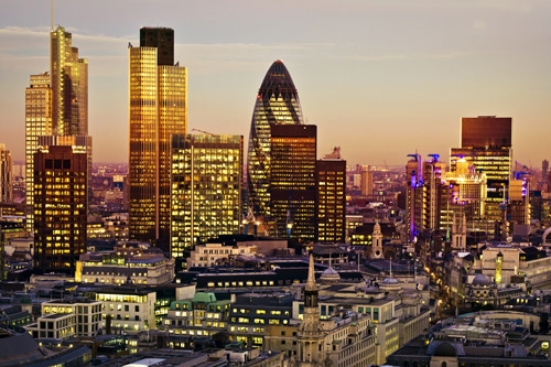 Tower 42 Gherkin,Willis Building, Stock Exchange Tower and Lloyd`s of London at night