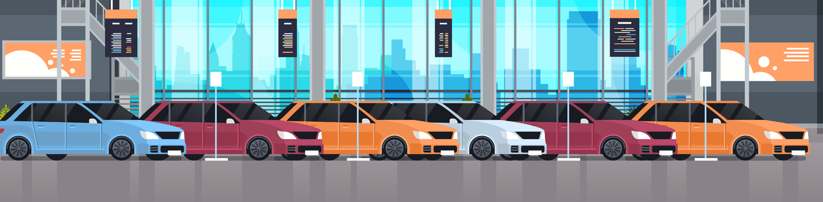 Cartoon of cars lined up in a showroom garage