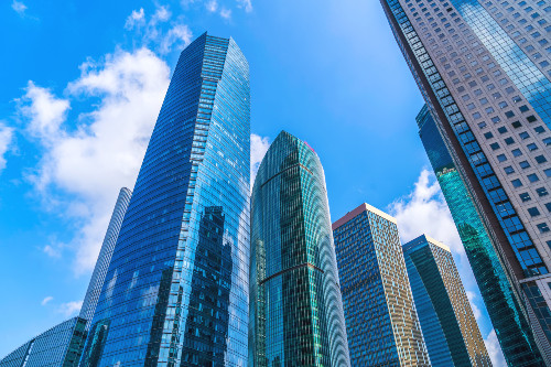 Skyscrapers in a bright blue 