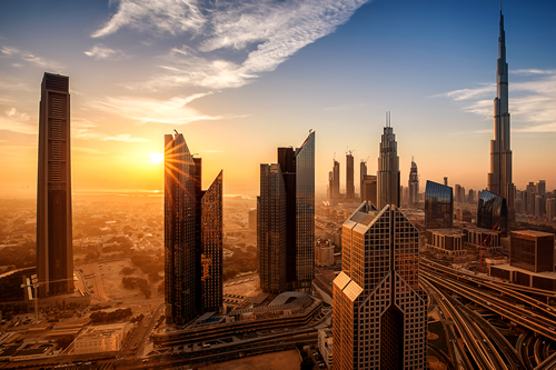 Dubai skyline bathed in sunlight