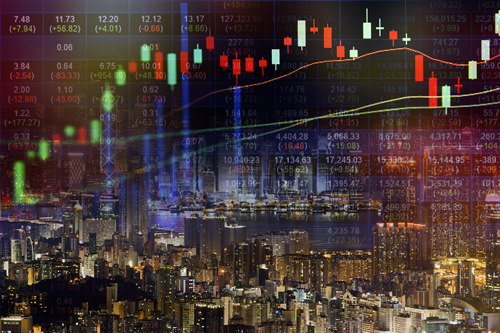 A landscape of property and stock market graphic