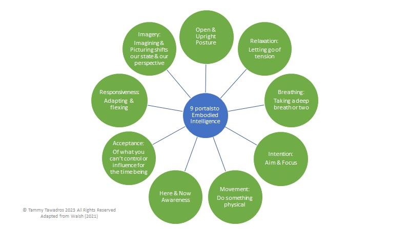 A central circle titled: 9 portals to embodied intelligence. Surrounded by 9 circles labelled: open & upright posture; relaxation: letting go of tension; breathing: taking a deep breath or two; intention: aim & focus; movement: do something physical; here & now awareness; acceptance: of what you can’t control or influence for the time being; responsiveness: adapting & flexing; imagery: imagining & picturing shifts our state & our perspective.