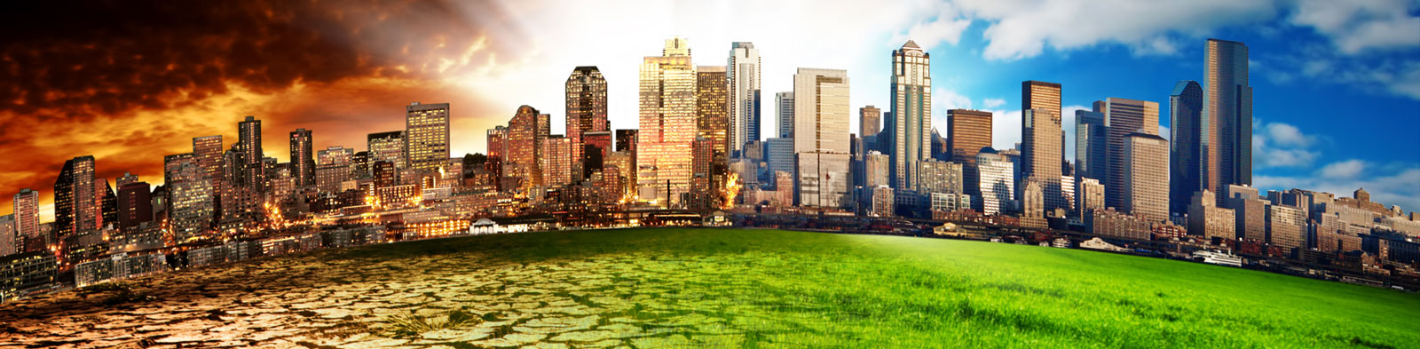 A blended image showing the effects of climate shange on a city skyline and bordering grasslands.