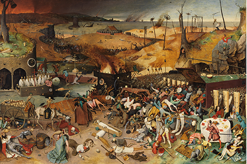 A painting of many people in medieval dress carrying on daily life