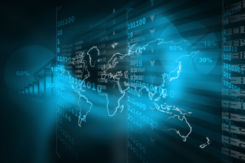 Stock exchange graph overlayed on world map. Cass online MSc Global Finance.