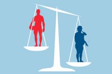 Silhouettes of one health man and one overweight, drinking and smoking man on a set of scales tipped towards the heavier man.