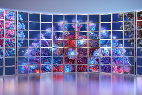 The SARS-CoV-2 virus on a bank of media screens
